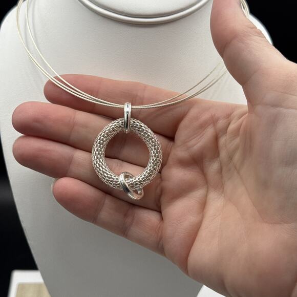 Multi Strand Cable Necklace 19 in Silver Tone Mesh Circle Pendant Dana Buchman - Picture 3 of 5